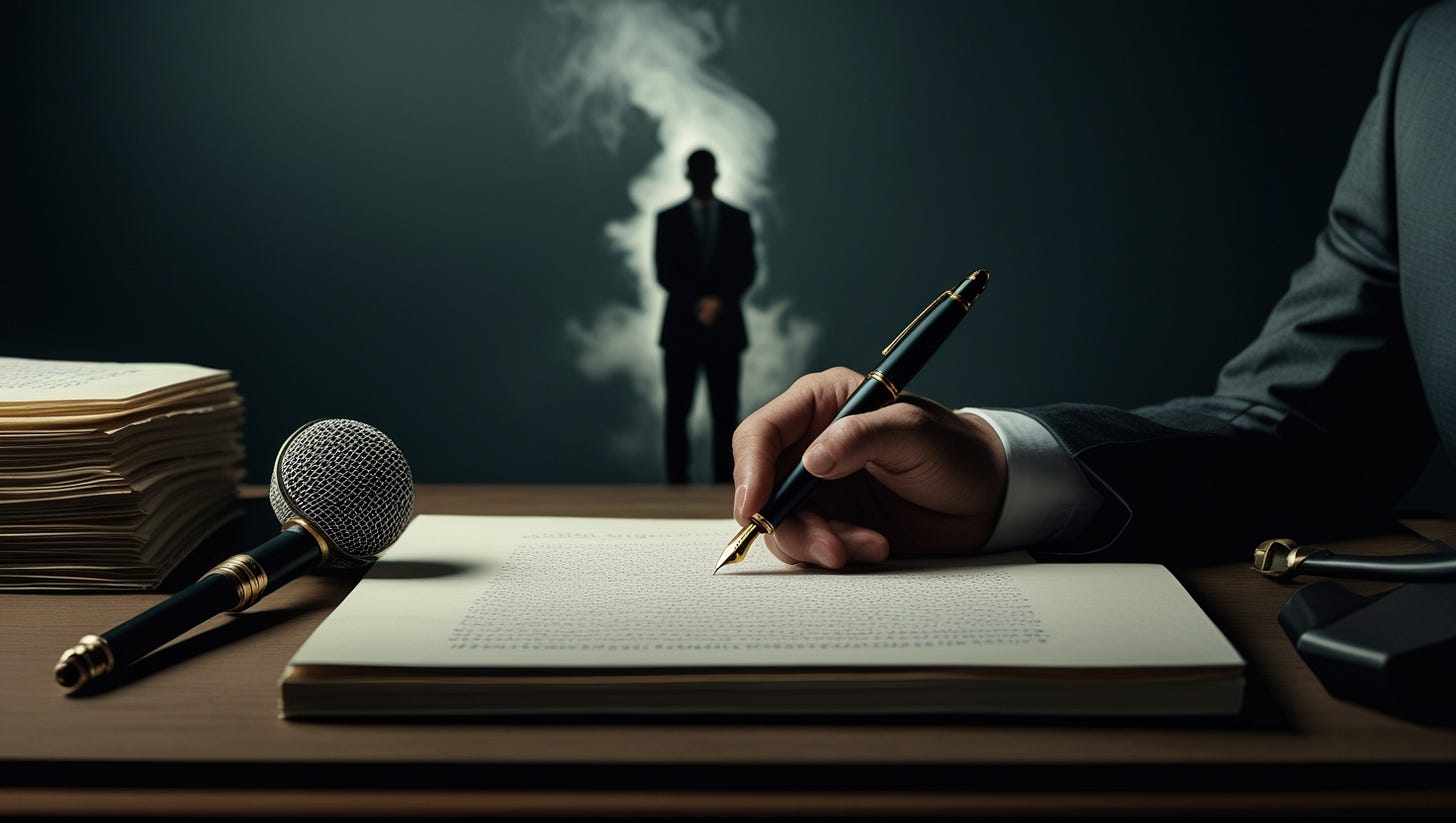 A hand writes with a fountain pen on a manuscript while a shadowy figure fades into smoke in the background, symbolizing transparency in ghostwriting.
