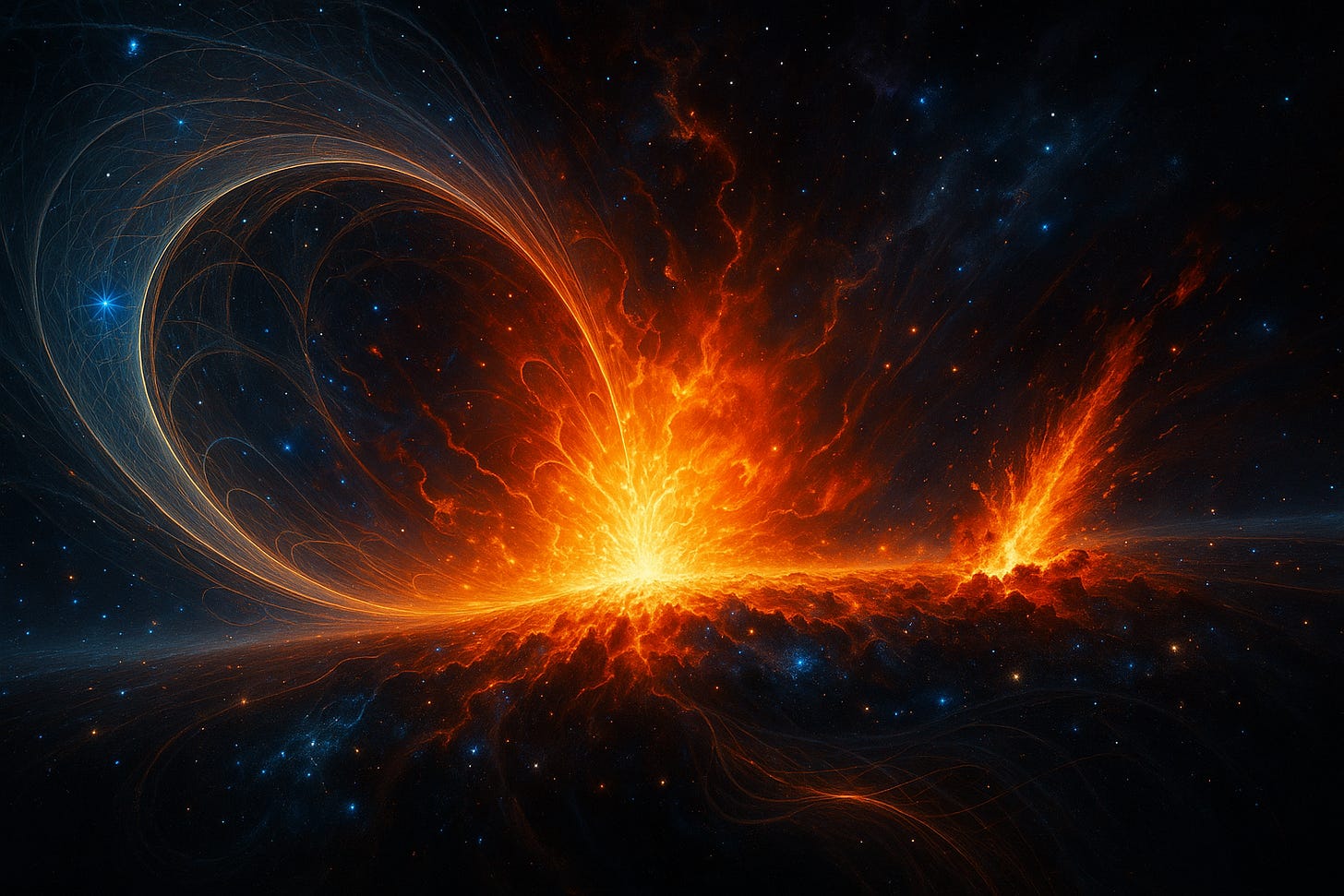 A cosmic masterpiece depicting the dawn of the universe: blazing plasma fields, symmetry breaking, violent bursts of light, and the first sparks of time flowing into galaxies — all woven into one fractal, luminous panorama.