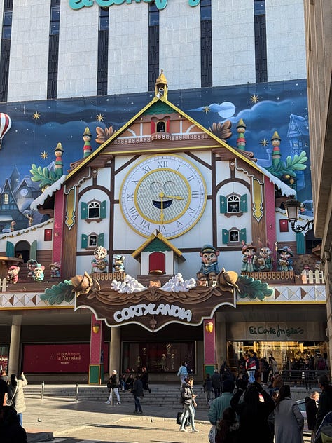 Scenes from Madrid at Christmas, including lights, markets, churros, decorations, and city streets at night.