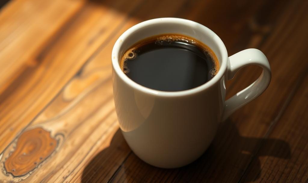 Stale black coffee in a white coffee mug.