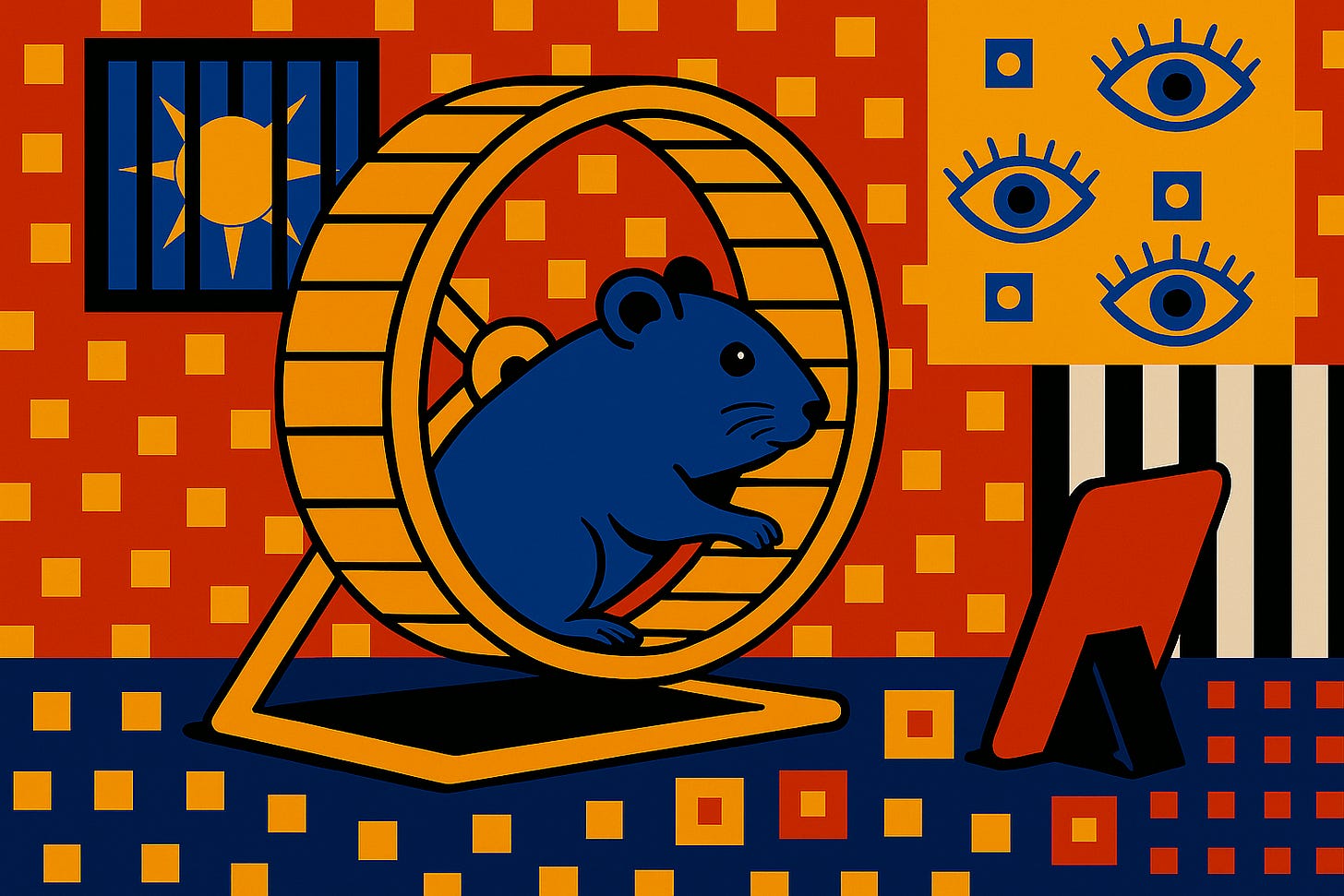 A rat on a hamster wheel watching a smartphone A rat on a hamster wheel watching a smartphone