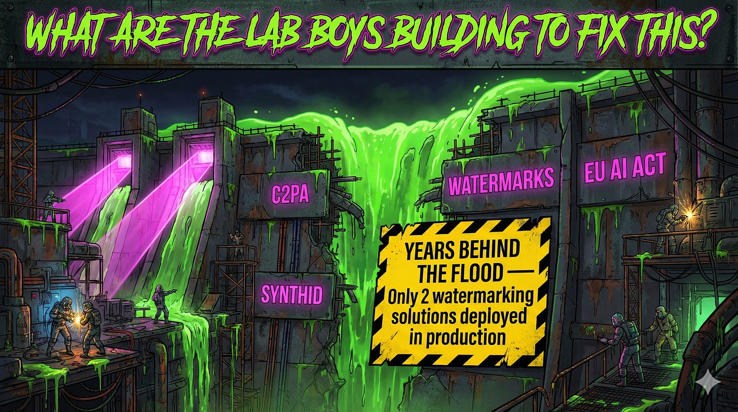 C2PA provenance technology and SynthID watermarking provide content authenticity, but 2025 adoption remains limited with most AI systems not implementing watermarking