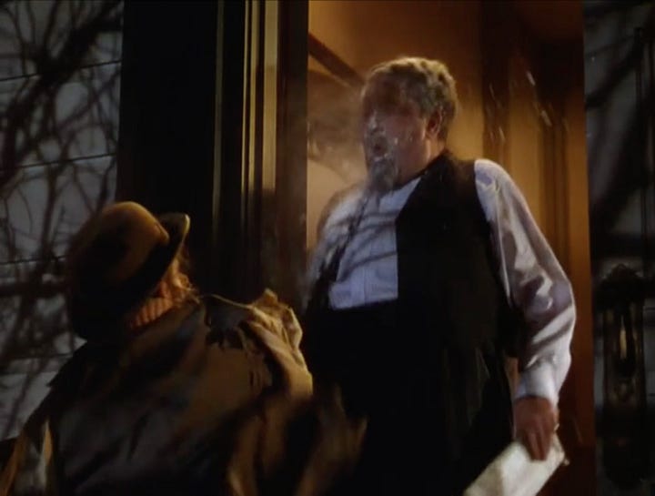 Tootie in the Halloween Scene in Meet Me In St. Louis, grabbing bags of flour, looking inside a window, throwing flour in a man's face, and running away from the house on a dimly-lit street