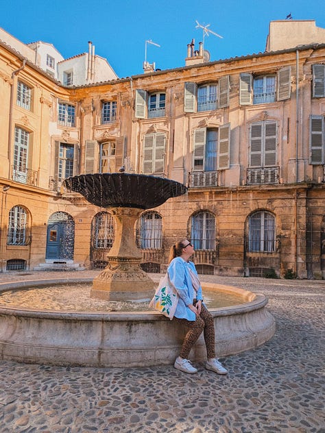 Photos de notre week-end à Aix - moi assise sur une fontaine d'une belle place qui m'a rappelé Venise, une photo de gnocchis végétariens maison fort bons, le coin d'une rue ensoleillée du centre-ville.