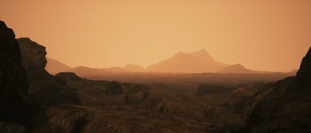 A barren, rocky landscape under a hazy orange sky, with distant mountainous formations on the horizon. A barren, rocky landscape under a hazy orange sky, with distant mountainous formations on the horizon.