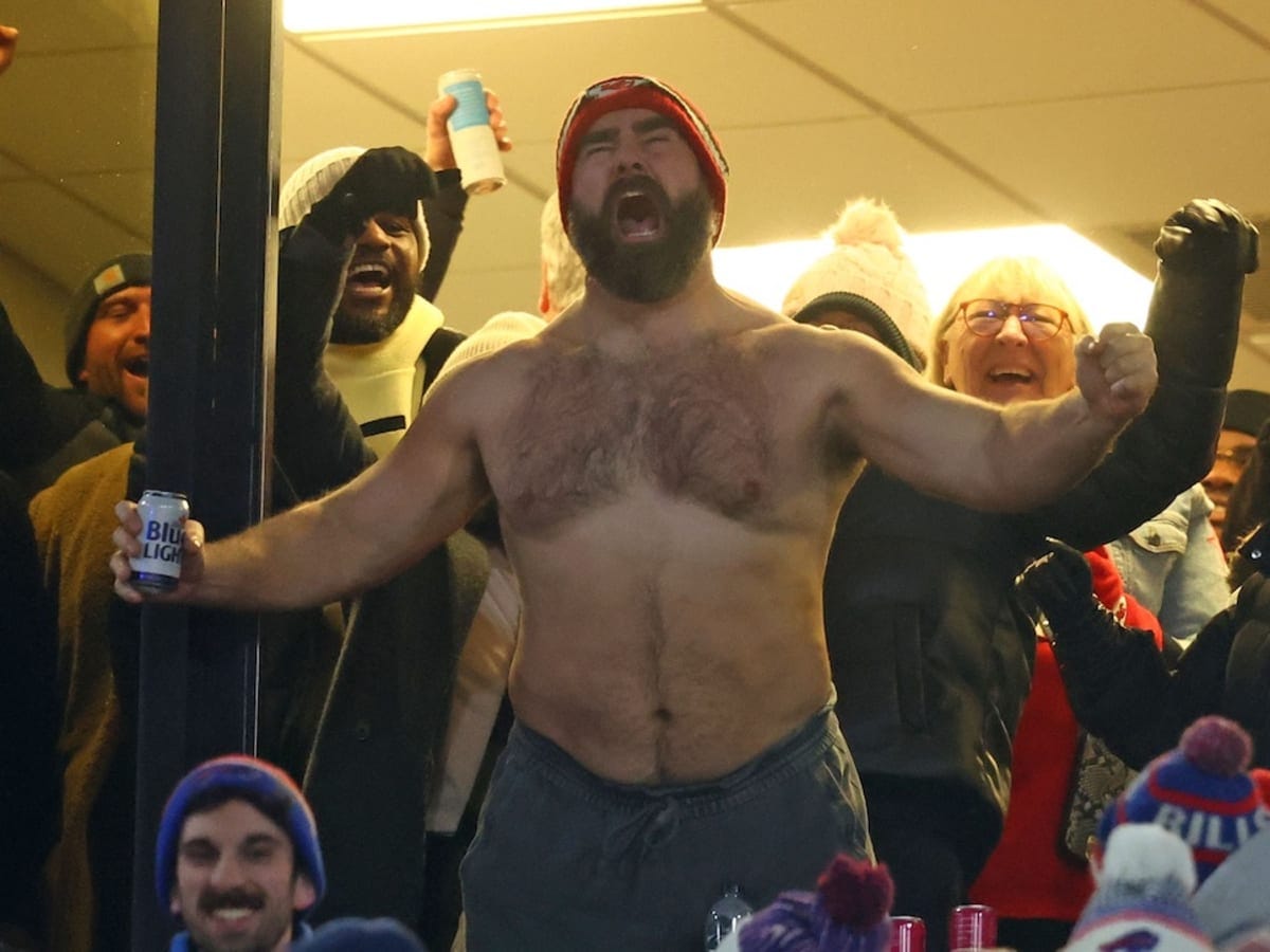 A Bare-Chested Jason Kelce Had Wildest Celebration After Travis Kelce's TD in Chiefs—Bills Game - Sports Illustrated A Bare-Chested Jason Kelce Had Wildest Celebration After Travis Kelce's TD in Chiefs—Bills Game - Sports Illustrated