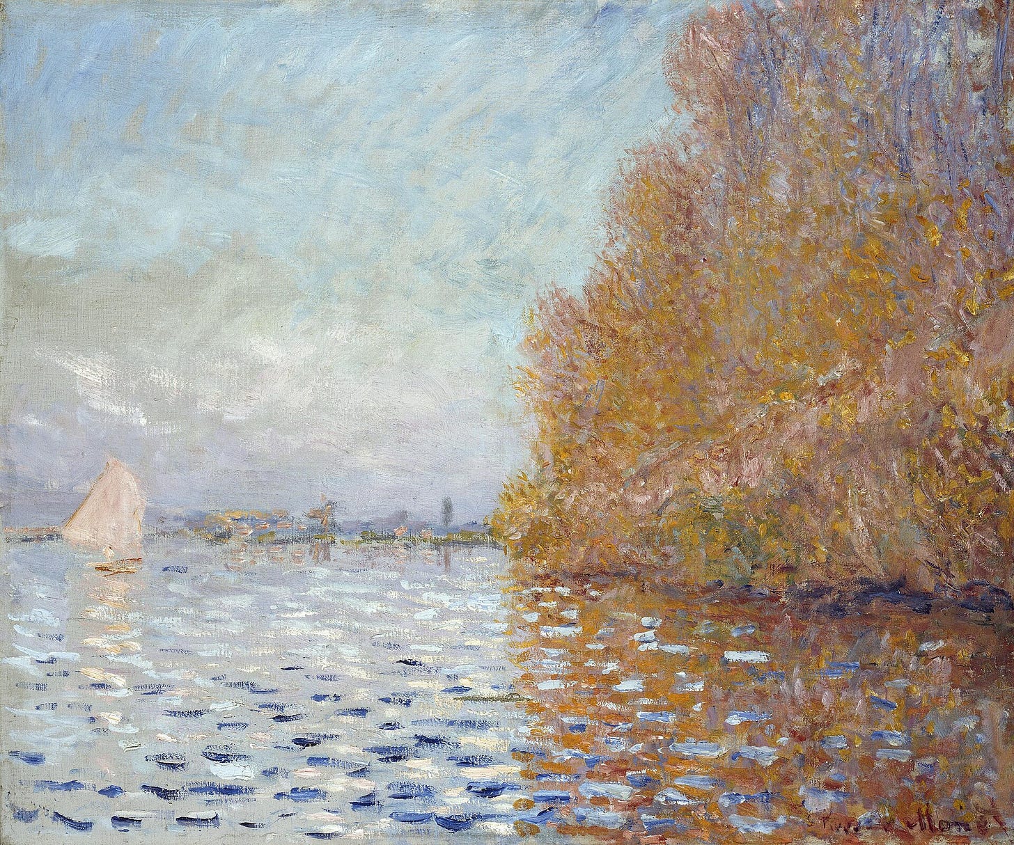 The Argenteuil Basin with a Single Sailboat by Claude Monet: a lone white sail on rippled water beside a bank of autumn trees The Argenteuil Basin with a Single Sailboat by Claude Monet: a lone white sail on rippled water beside a bank of autumn trees