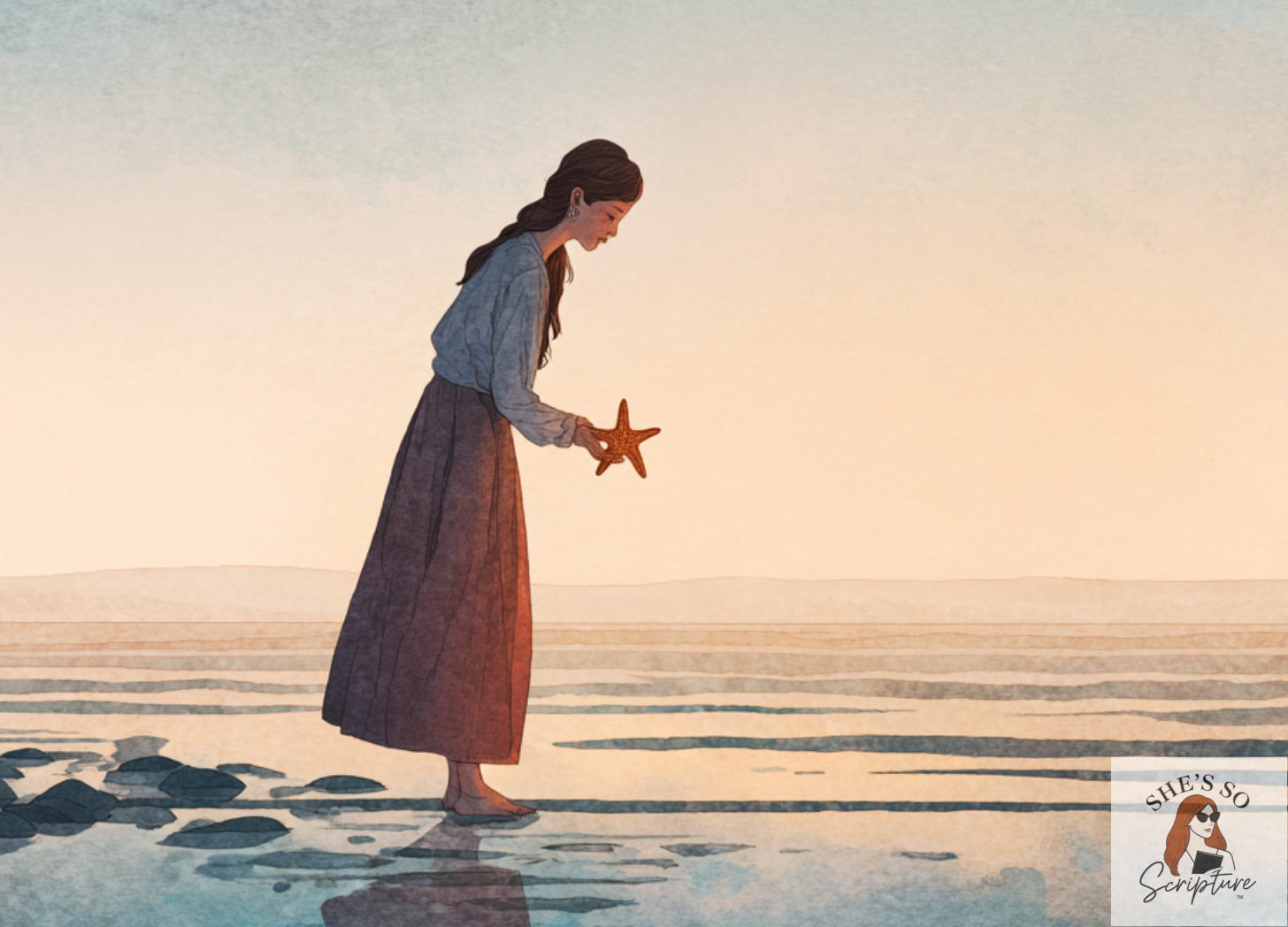 A watercolor of a woman holding a starfish on the shore to represent tikkun olam