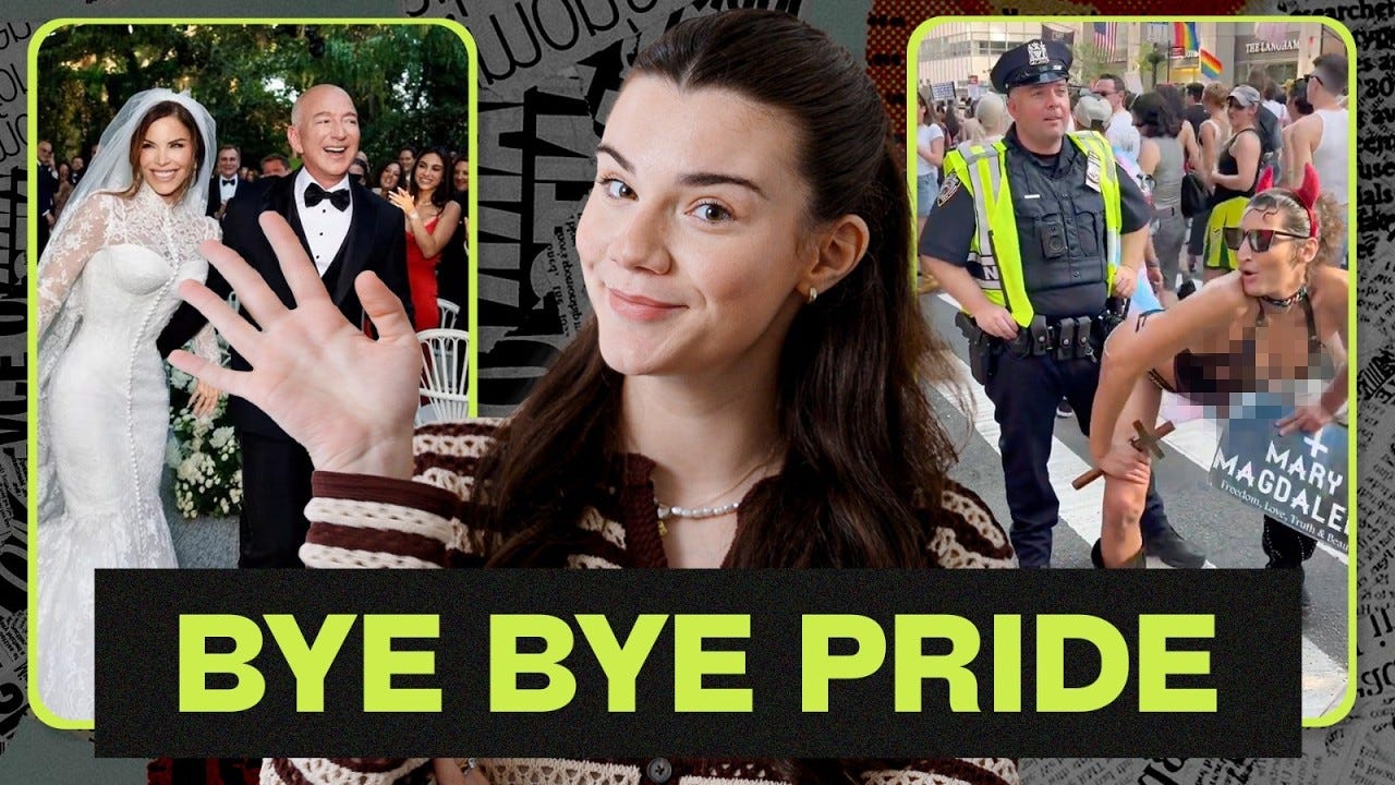 An image of Brett Cooper at the center waving with the chyron "Bye Bye Pride." There are two photo inserts on either side of her—one of Jeff Bezos and Lauren Sanchez on their wedding day and the other is a woman twerking on a cop at a parade. An image of Brett Cooper at the center waving with the chyron "Bye Bye Pride." There are two photo inserts on either side of her—one of Jeff Bezos and Lauren Sanchez on their wedding day and the other is a woman twerking on a cop at a parade.
