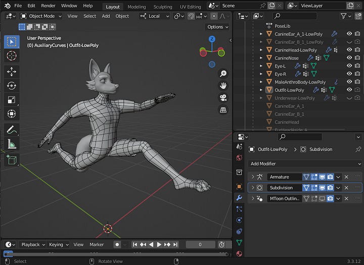 Male anthropomorphic canine, outfit with modifiers armature first and subdivision second, on the left and the reverse order on the right.