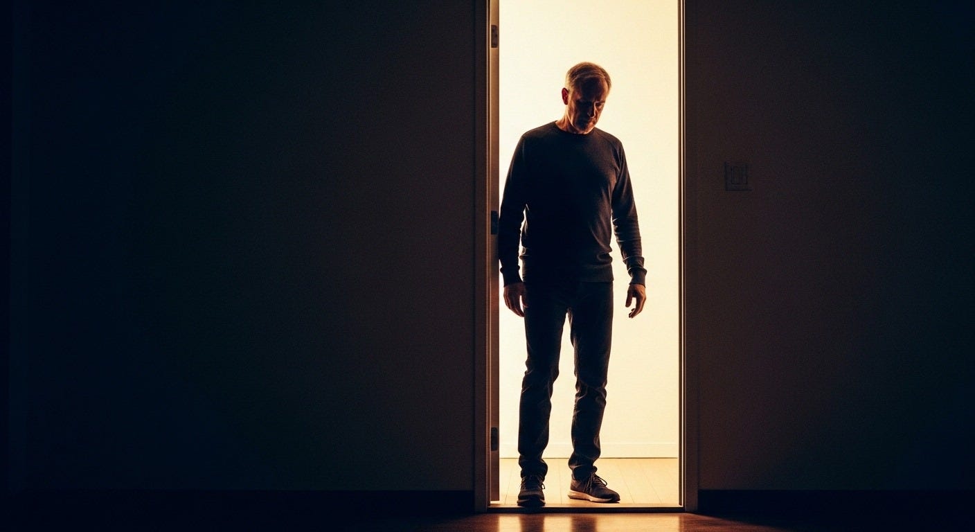 Silhouette of a middle-aged man standing in a doorway, backlit by warm light, facing forward into an illuminated space while still in shadow Silhouette of a middle-aged man standing in a doorway, backlit by warm light, facing forward into an illuminated space while still in shadow