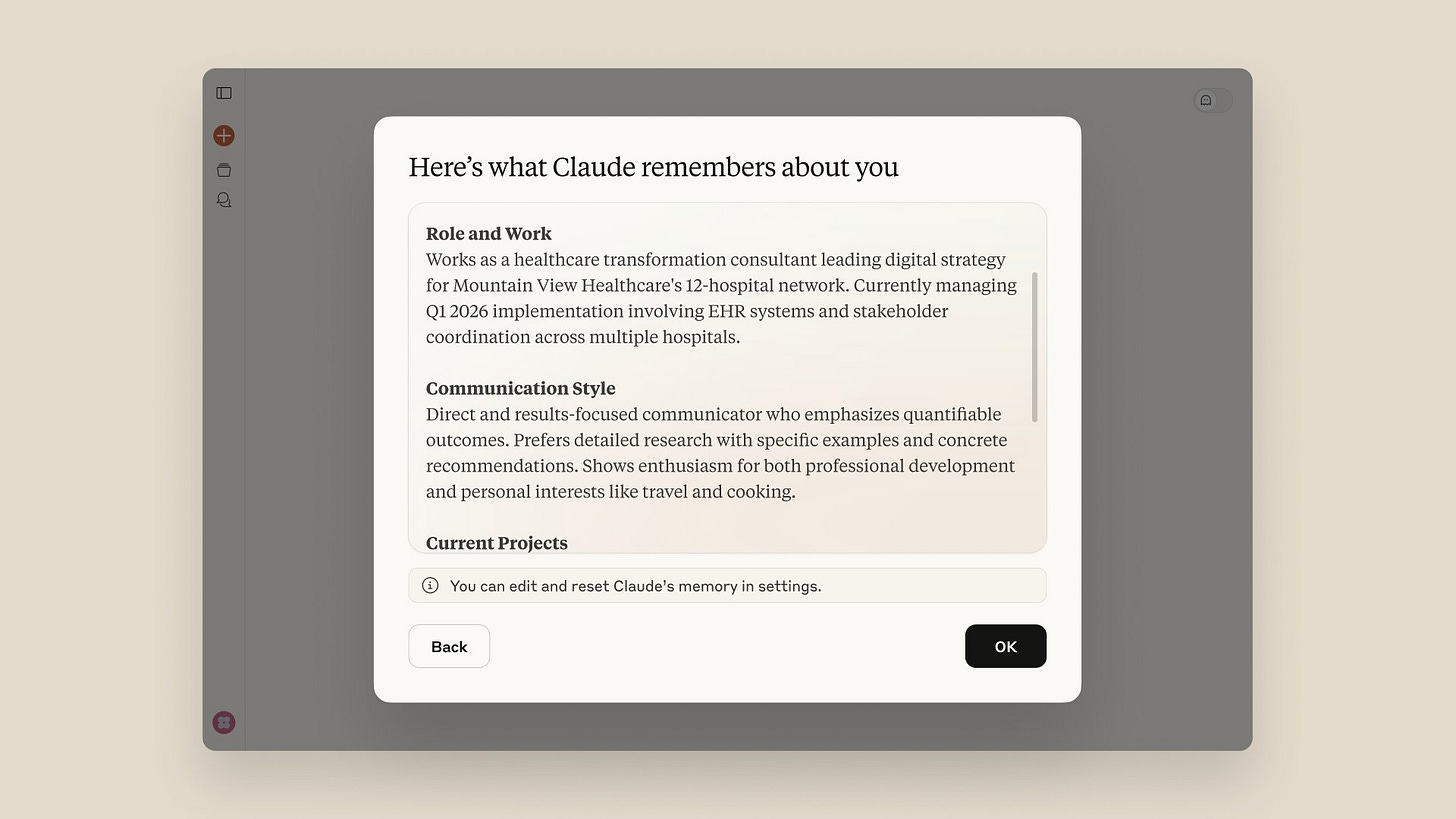 A Claude Memory modal titled "Here's what Claude remembers about you" displays three sections: Role and Work, Communication Style, and Current Projects, with a note that users can edit memory in settings and Back/OK buttons at the bottom.
