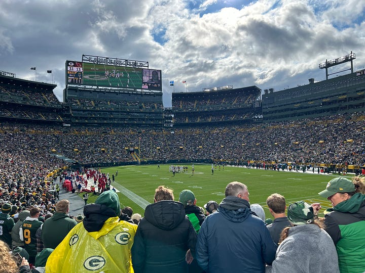 football, stadium, people, clouds, sky, signs