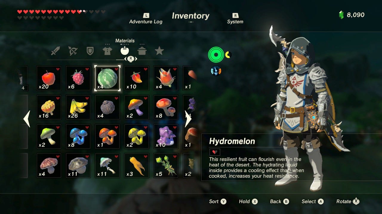A grid is shown with different types of produce shown on the left side. On the right is Link from The Legend of Zelda
