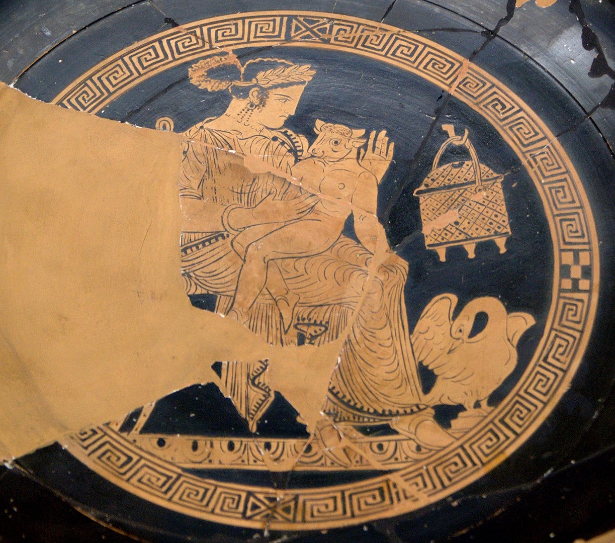Illustration of Pasiphaë and the Minotaur as a baby found on Ancient Greek pottery Illustration of Pasiphaë and the Minotaur as a baby found on Ancient Greek pottery