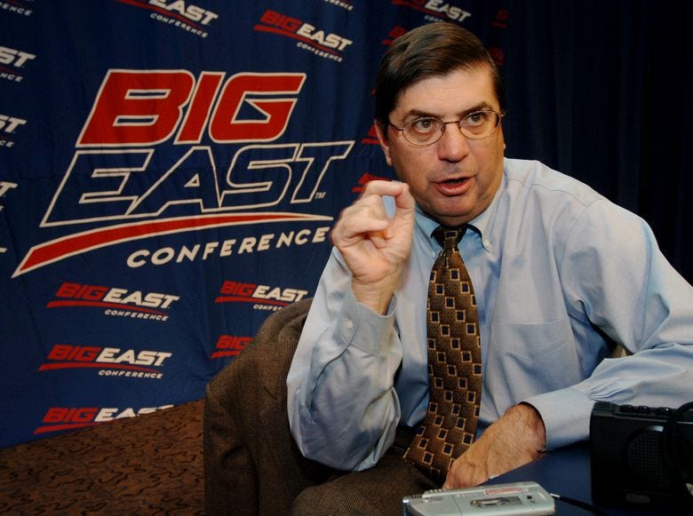 FILE &#8211; IN this Oct. 26, 2005, file photo, Big East commissioner Mike Tranghese talks to reporters during Big East NCAA college basketball media day at Madison Square Garden in New York. The SEC is turning to former Big East Commissioner to help improve the league’s basketball profile and NCAA Tournament presence. SEC Commissioner Greg Sankey hired Tranghese as a &#8220;special advisor to the commissioner for men&#8217;s basketball.&#8221; (AP Photo/Henny Ray Abrams, File)