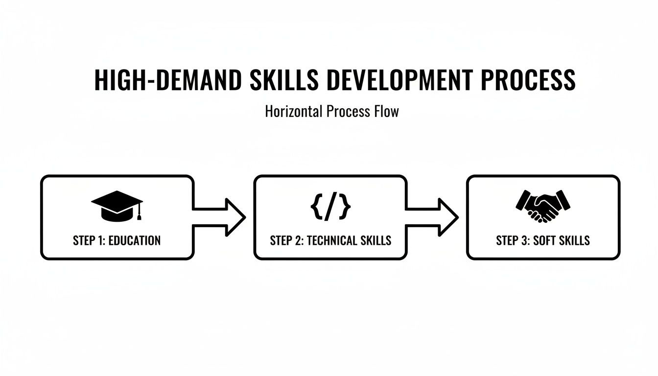 Horizontal process flow illustrating high-demand skills development through education, technical skills, and soft skills. Horizontal process flow illustrating high-demand skills development through education, technical skills, and soft skills.