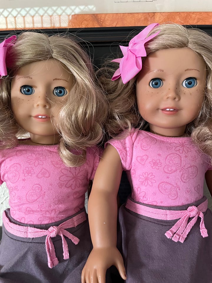 Pictures of two dolls in disrepair and then mended.