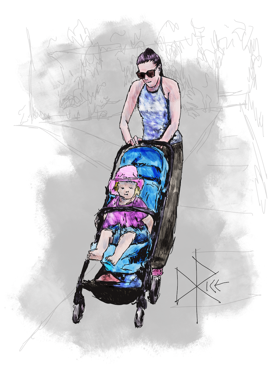 A woman uses one hand to scroll on the phone that she has propped on the hood of the baby stroller that she is pushing with her other hand. Sketch art by Don Rice.
