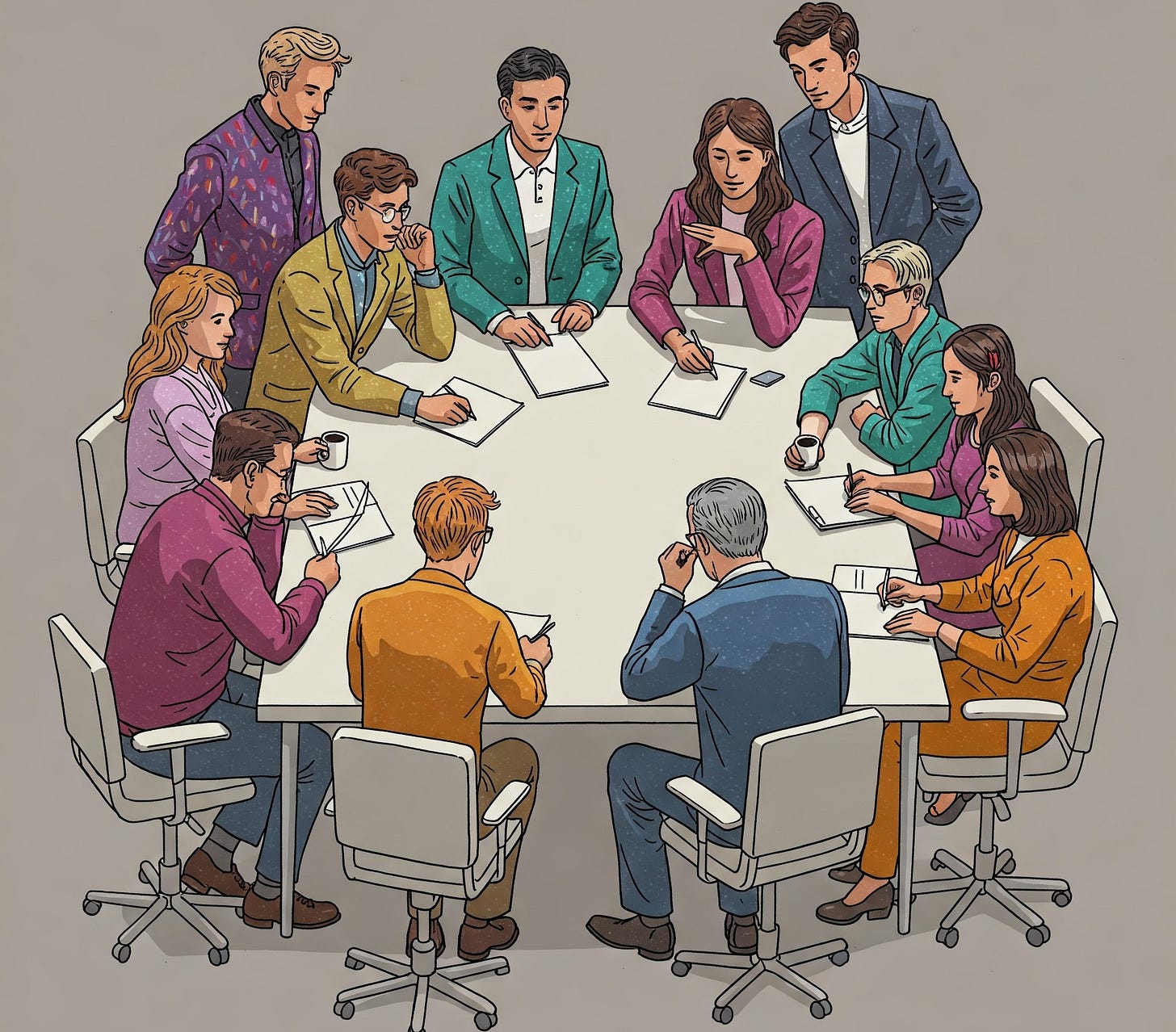 Ten people in various coloured clothing holding a discussion around a table