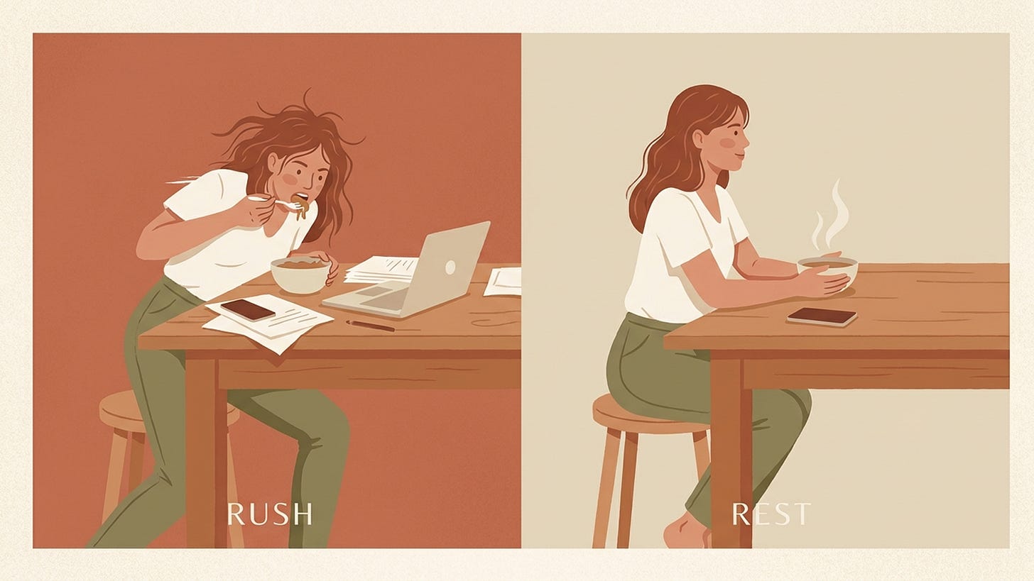 Split illustration in warm terracotta and cream. On the left, a woman stands leaning over a kitchen table mid-grab, eating from a bowl with one hand, body tilted and hurried, papers and phone scattered around her. On the right, the same woman sits at the table, back straight, feet on the floor, a bowl of soup steaming in front of her, her phone lying face down and unused. The contrast is rush versus rest.