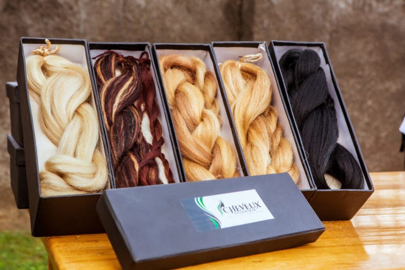 Cheveux Organique’s biodegradable hair extensions, made from locally sourced banana fibres, ready for the market.