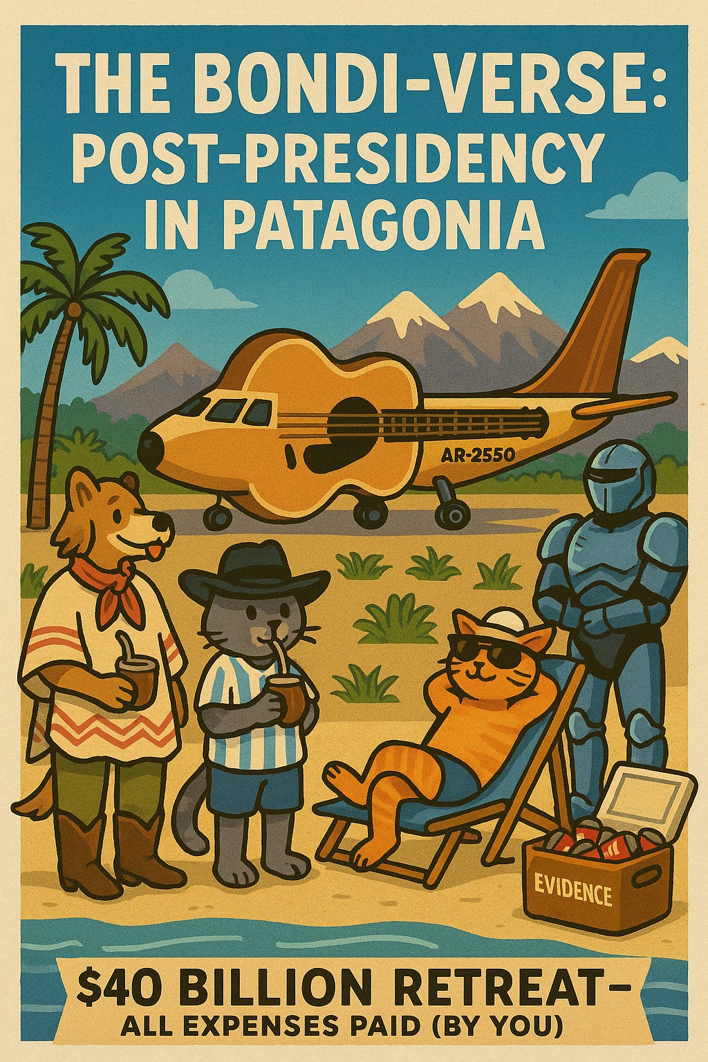 THE Bonde Verdict Post - Presidency In Patagonia - cartoon figures cats and dogs and farm animals party with Guitar Jet iin back ground. 