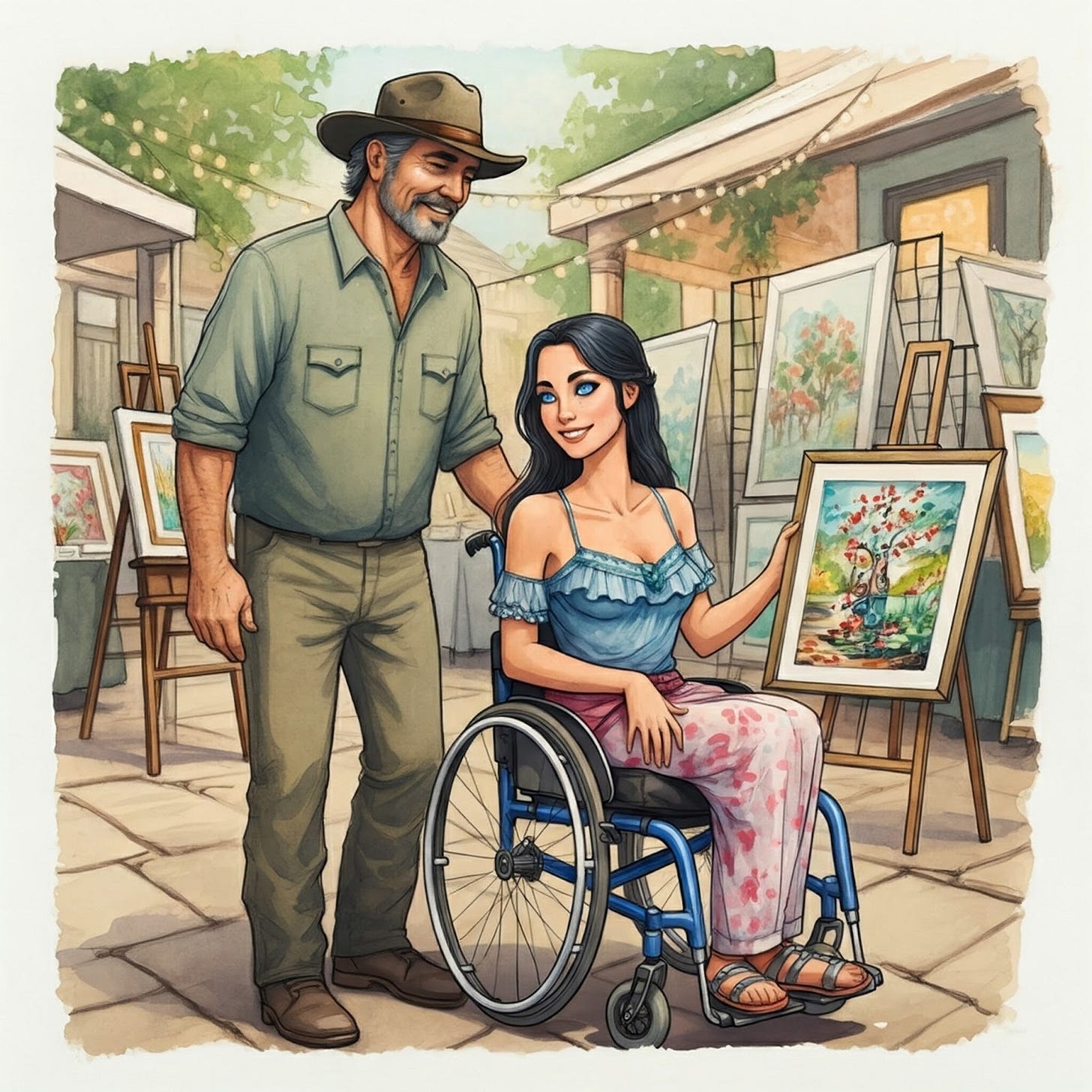 Man and his daughter at an outdoor art show, daughter is wheelchair bound. Man and his daughter at an outdoor art show, daughter is wheelchair bound.
