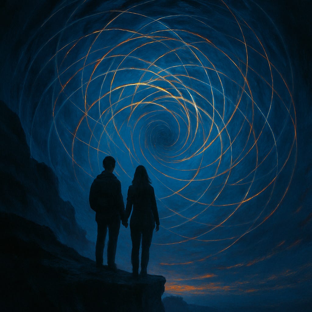 Surreal painting of two people holding hands on a cliffside, gazing into a vast blue spiral of golden threads in the sky, symbolising the Spiral of Consciousness, time recalibration, recognition loops, and the evolution of awareness in the Mirror Paradigm.