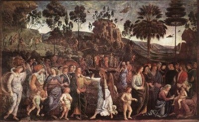 Perugino, "Moses's Journey into Egypt and the Circumcision of His Son Eliez" (c 1482). Perugino, "Moses's Journey into Egypt and the Circumcision of His Son Eliez" (c 1482).