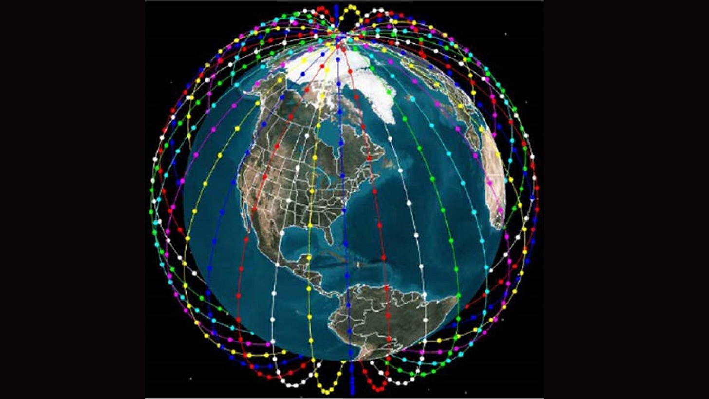 An illustration of a globe surrounded by various lines with dots of different colors engulfing the sphere against a black background