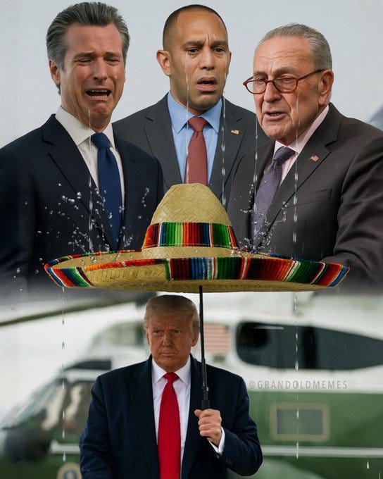 Donald Trump holding an umbrella with a red tie, standing in front of a helicopter. Above him, a sombrero with colorful stripes is depicted, with water splashing. Gavin Newsom, an unidentified man in a blue suit, and an older man in glasses and a suit are shown with water splashing on their faces. A watermark reading "@grandoldmemes" is visible.