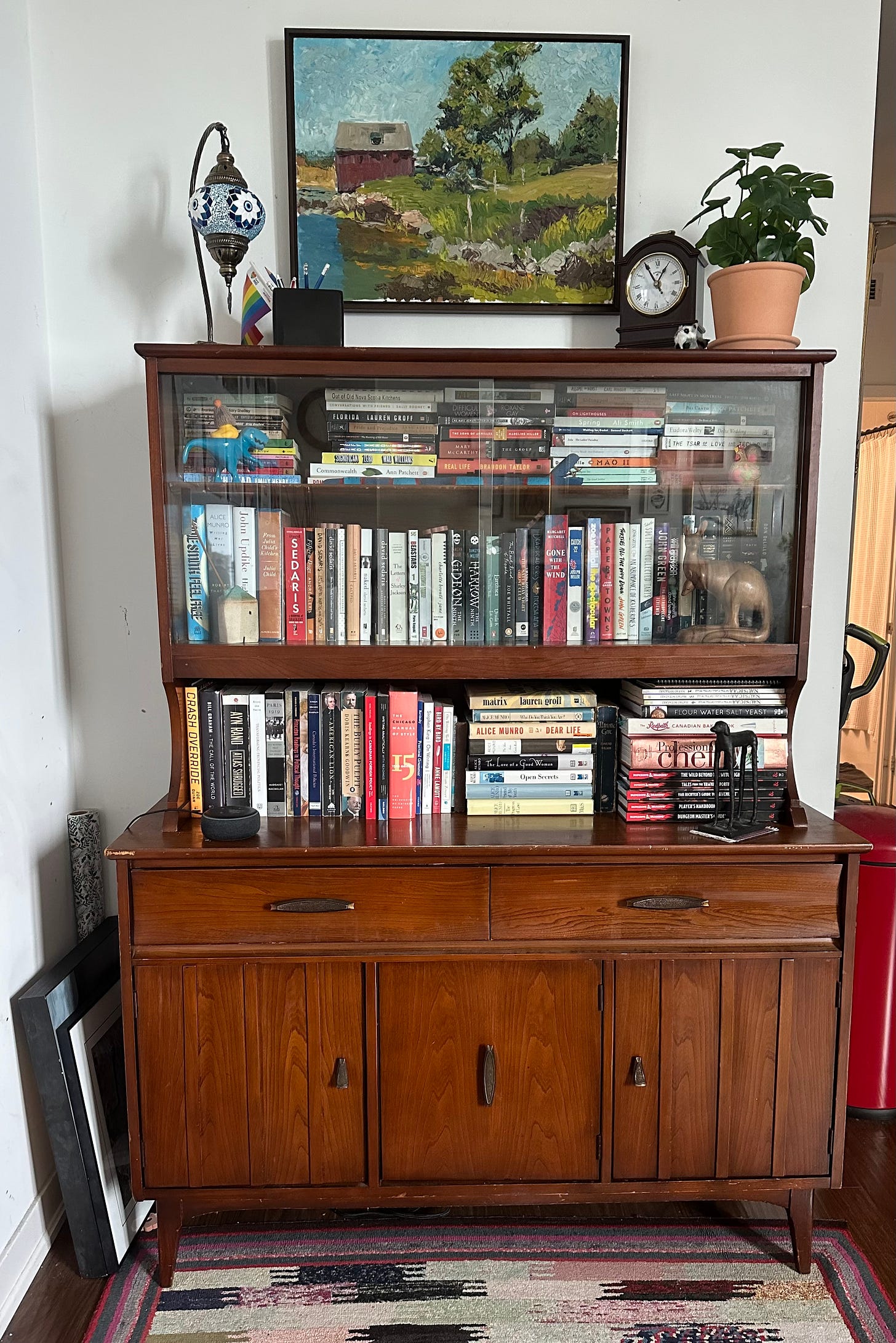 photo of my new cabinet. kind of mcm vibes and lots of books