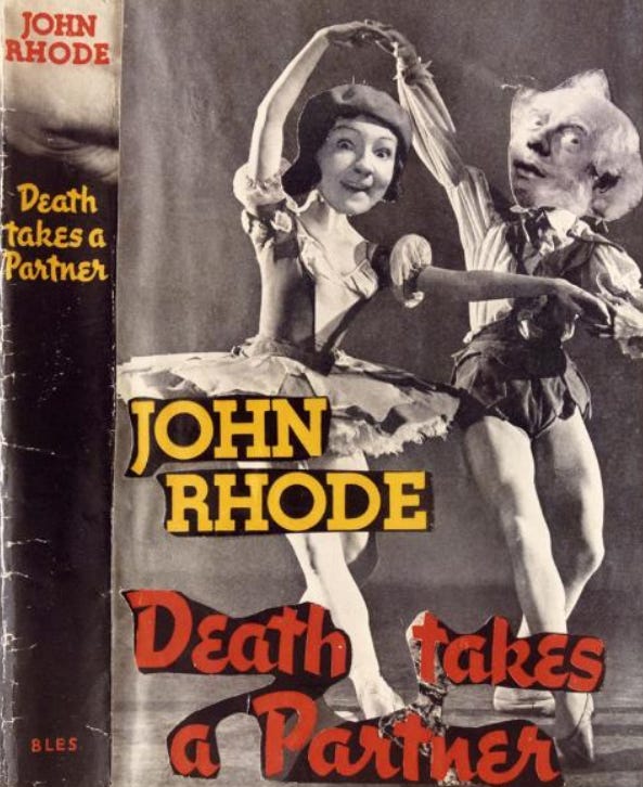 Defaced book cover: John Rhode’s Death Takes a Partner – a noirish crime novel with a hand turning a tap on originally now has two dancing figures with comically grimacing heads