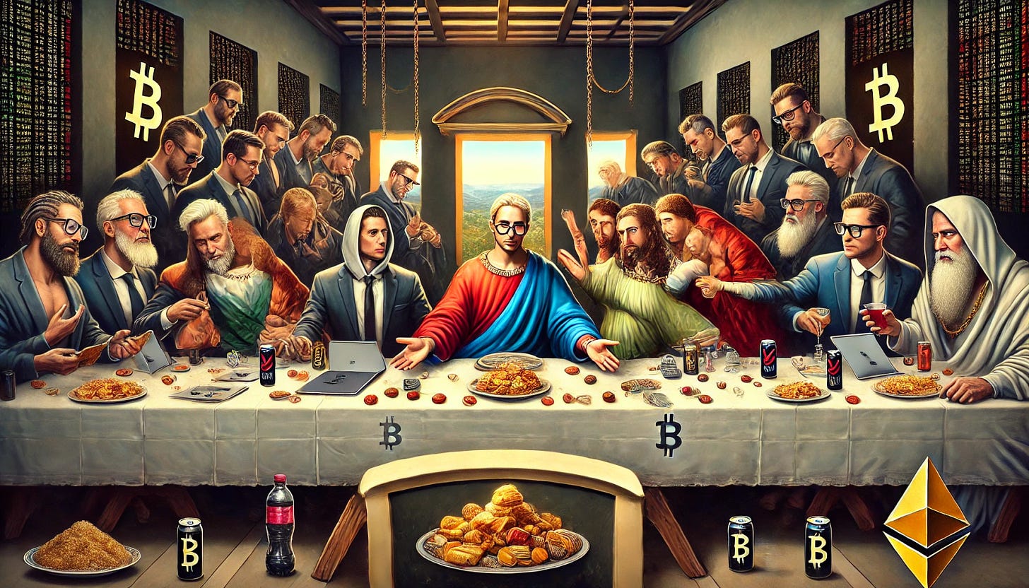 A dramatic painting inspired by The Last Supper, featuring a group of intellectuals at a long table, embodying a macho, greedy, bro-like, and tech-savvy atmosphere. The figures are dressed in modern tech-industry attire—hoodies, suits, and smart glasses—while engaged in intense debate. The table is filled with laptops, cryptocurrency symbols, energy drinks, and extravagant food. The setting is dimly lit with an air of exclusivity, resembling a secretive club or think tank. The expressions range from smug confidence to intense focus, capturing a high-stakes intellectual exchange.