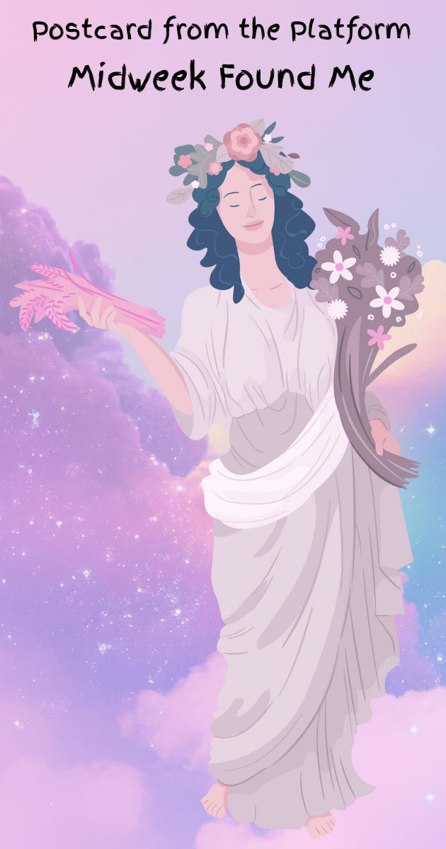 An elegant pastel illustration of a Muse-like woman in a flowing white robe, standing barefoot against a dreamy lavender sky filled with stars and soft clouds. She holds a bouquet in one hand and pink wheat stalks in the other. Text above reads: “Postcard from the Platform – Midweek Found Me.”