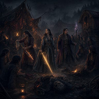 Aftermath of battle in Luvash’s Vistani camp at night; smoldering torn tents, scattered embers, ash drifting through thinning mist; Ireena standing with Sun Sword glowing faintly, Silverleaf wiping flaming blade, Felonious with singed robes and glowing staff; Vistani watching in stunned silence around damaged wagons; Barovian Gothic atmosphere; original faces with no resemblance to real people