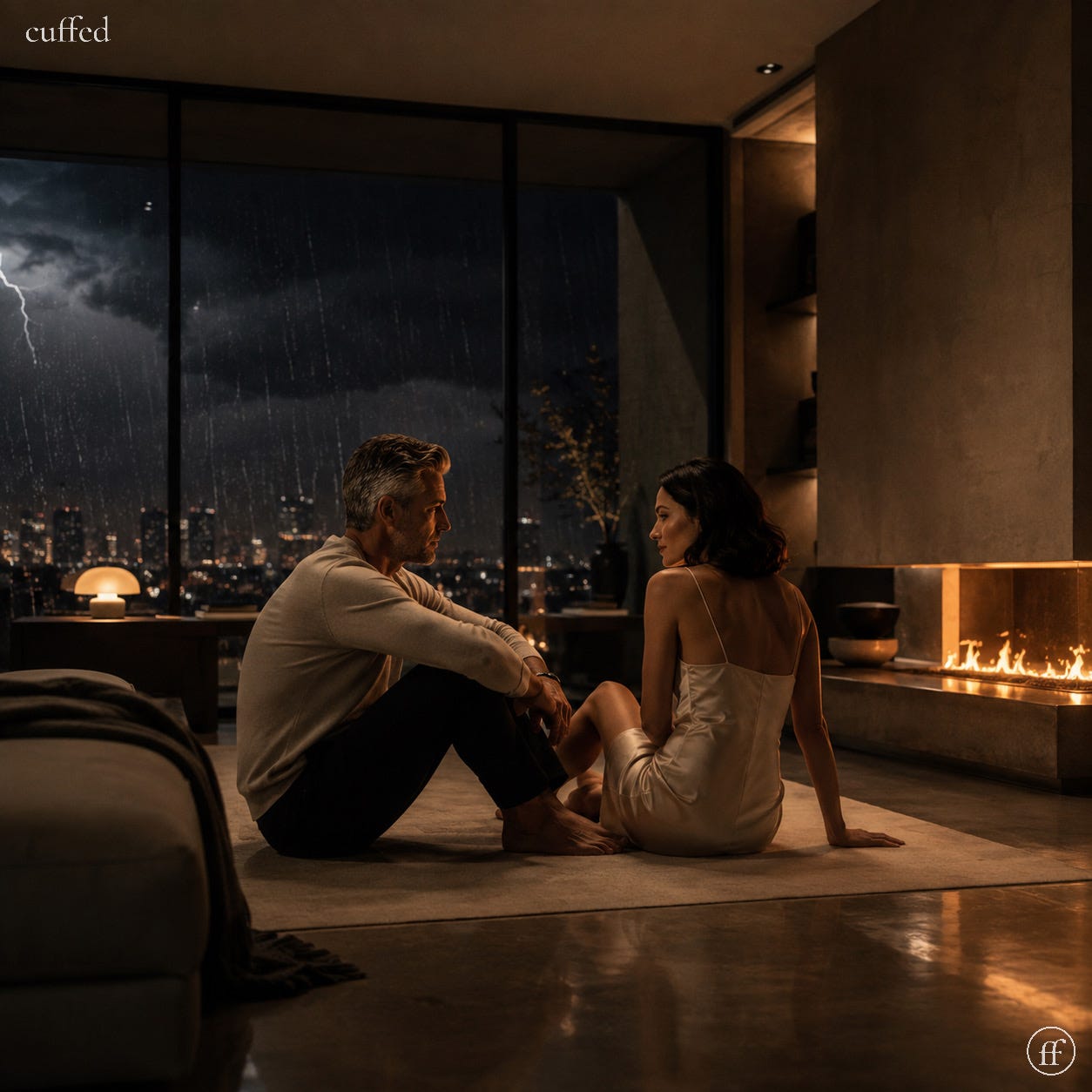 Man and woman sitting on the floor facing a fireplace, city storm and lightning visible through floor-to-ceiling windows behind them, warm firelight against a moody night skyline — relationship psychology on emotional safety and vulnerability in intimacy. Man and woman sitting on the floor facing a fireplace, city storm and lightning visible through floor-to-ceiling windows behind them, warm firelight against a moody night skyline — relationship psychology on emotional safety and vulnerability in intimacy.
