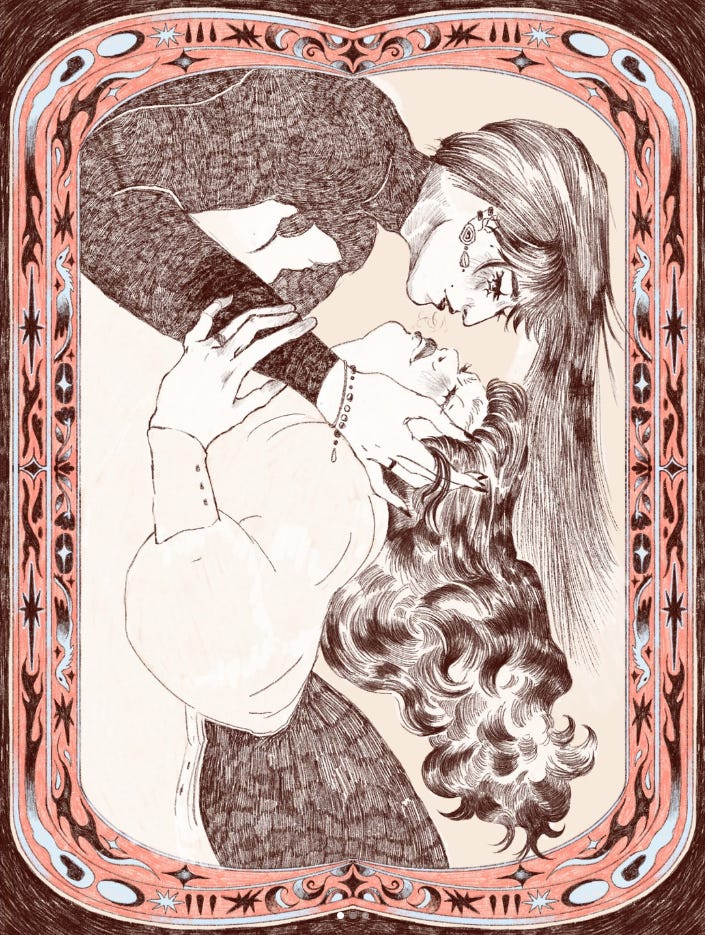 Un dessin de Mork Pap où deux femmes s'étreignent.