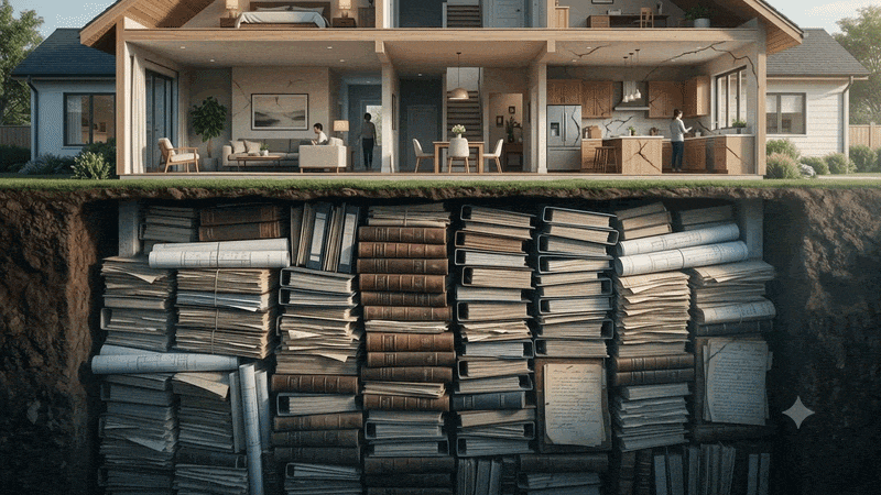 A conceptual cutaway image showing a modern, two-story house sitting precariously on a foundation made entirely of massive, disorganized stacks of old books and rolled blueprints instead of solid ground.