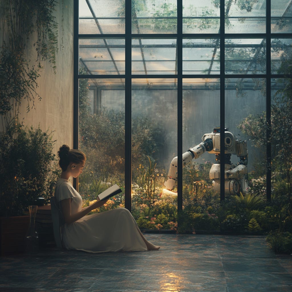 A young woman is sitting in a large room and she is reading a book. The back wall of the room has large windows and you can see a garden. A cute robot is working in the garden