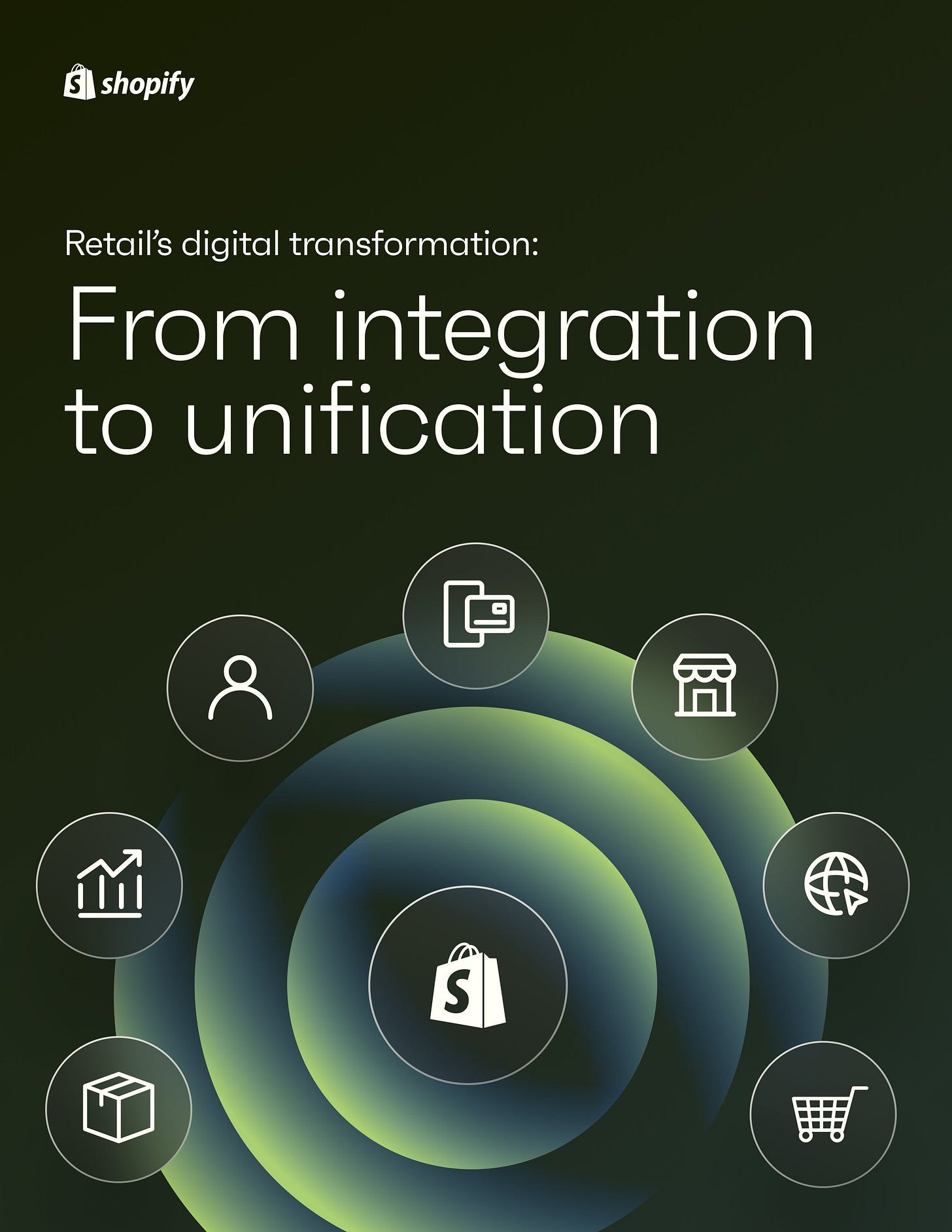 Shopify report cover visually representing the concept of unification versus integration in retail. Titled 'Retail's digital transformation: From integration to unification,' it features a central Shopify shopping bag icon with surrounding icons depicting various commerce aspects, all connected by a unifying circular gradient.