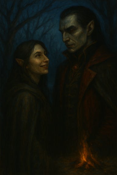 Silverleaf smiling at Strahd, rendered in the gothic, moody art style of Curse of Strahd