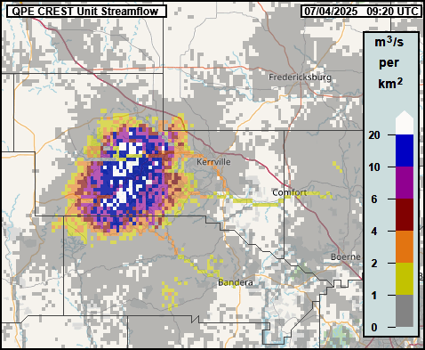 CREST (Coupled Routing and Excess Storage) Unit Flow values were at the top of the scale west of Kerrville, TX at 0920 UTC (420 am CDT) on July 4, 2025. This forecast tool indicated the likelihood of severe to unprecedented flooding due to extreme runoff from torrential rain. Even so, how the Guadalupe River would respond and to what degree was not known until rising water was detected by a gauge.