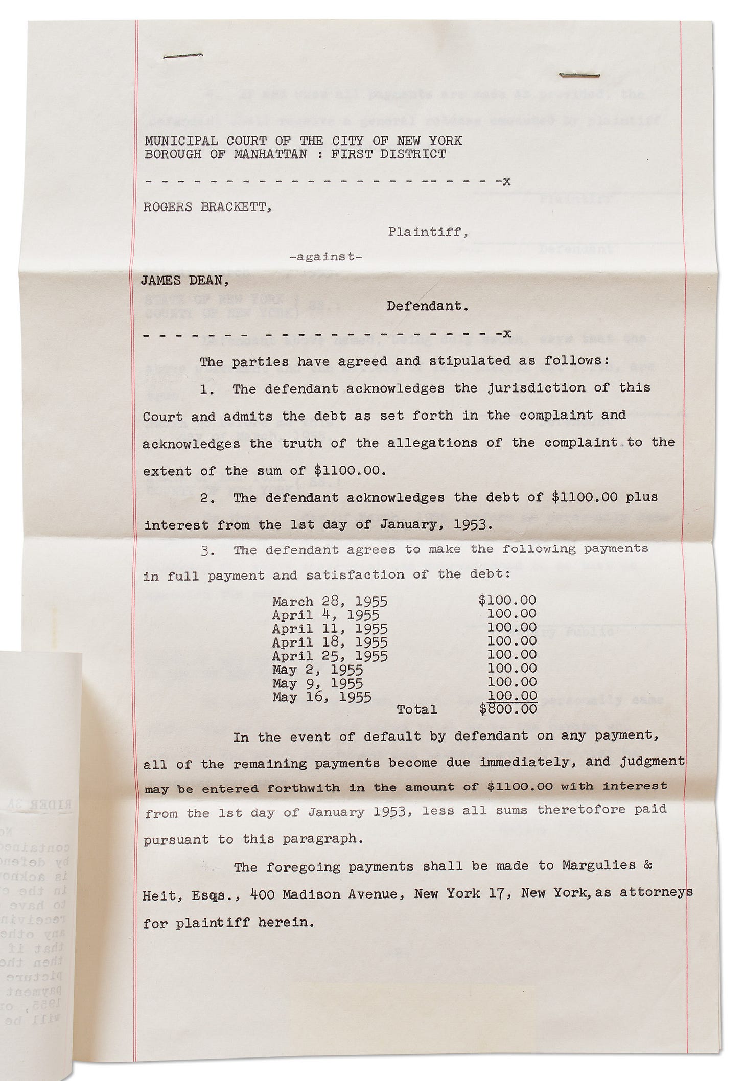 Settlement agreement between Rogers Brackett and James Dean