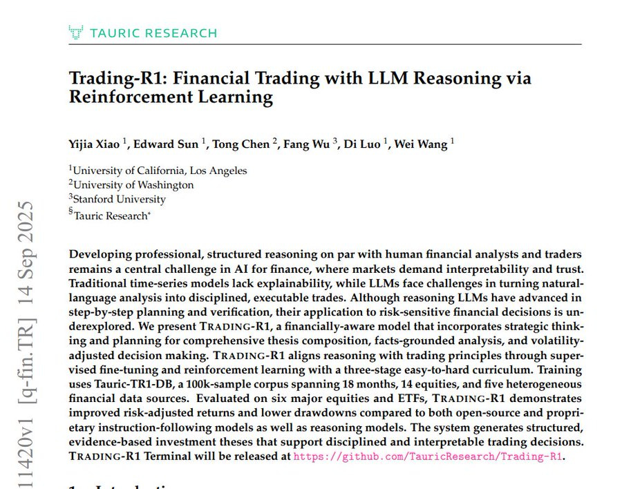 A document with text about Trading-R1, a financial trading model. The text includes sections on market data, fundamentals, and sentiment, with references to 14 tickers and 100K cases over 18 months. A watermark from X is present.