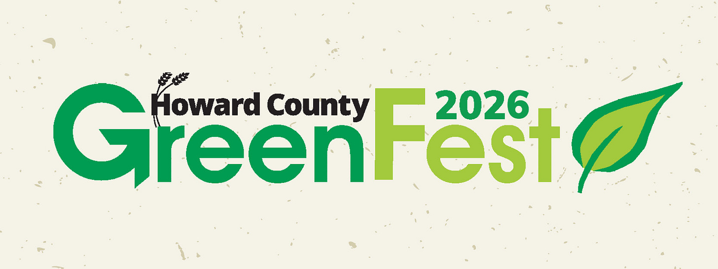 Howard county greenfest logo against tan background, with greenfest in two-tone green letters