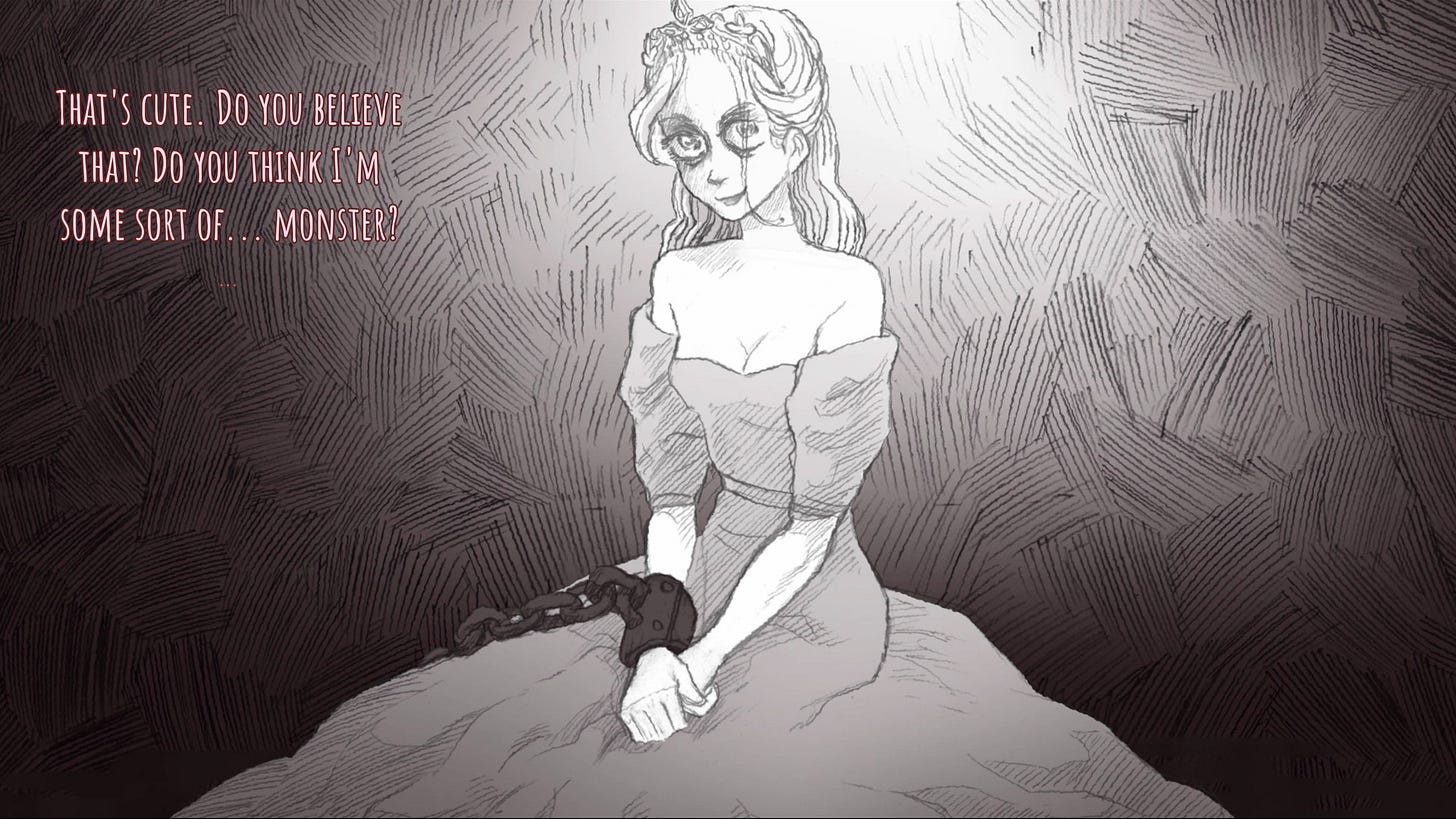 A beautiful princess, her arms locked by a heavy chain. She is looking at the viewer menacingly. Text: "That's cute. Do you believe that? Do you think I'm some sort of...monster?"