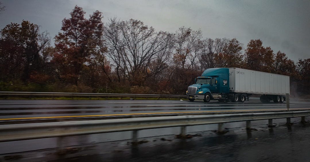 blue truck on road near bare trees during daytime blue truck on road near bare trees during daytime