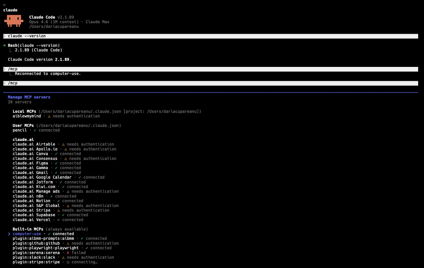 Claude Code terminal showing version check, /mcp command listing all MCP servers, and computer-use highlighted as connected under Built-in MCPs.